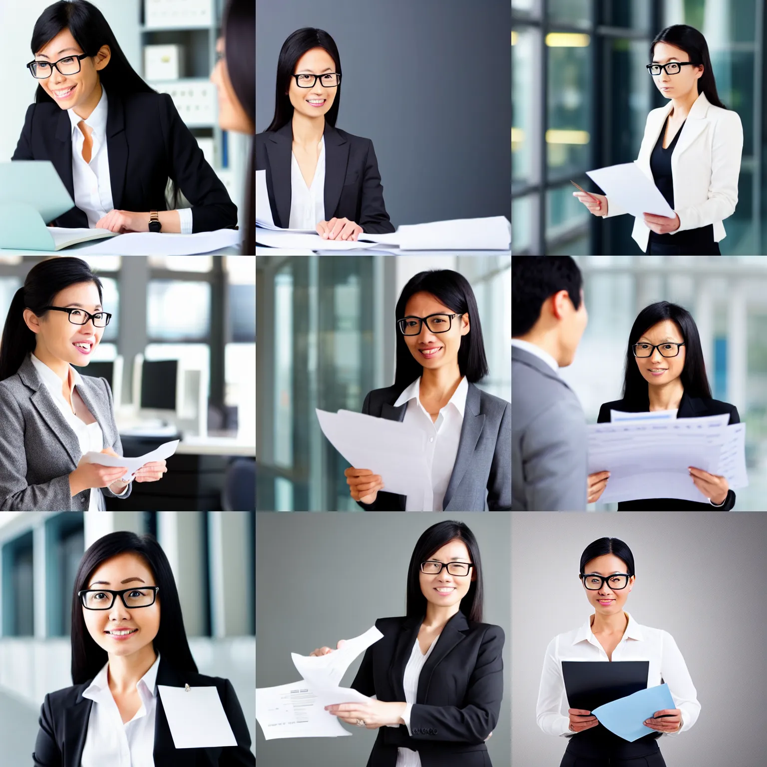 Prompt: asian female manager with glasses looking at resumes, full body