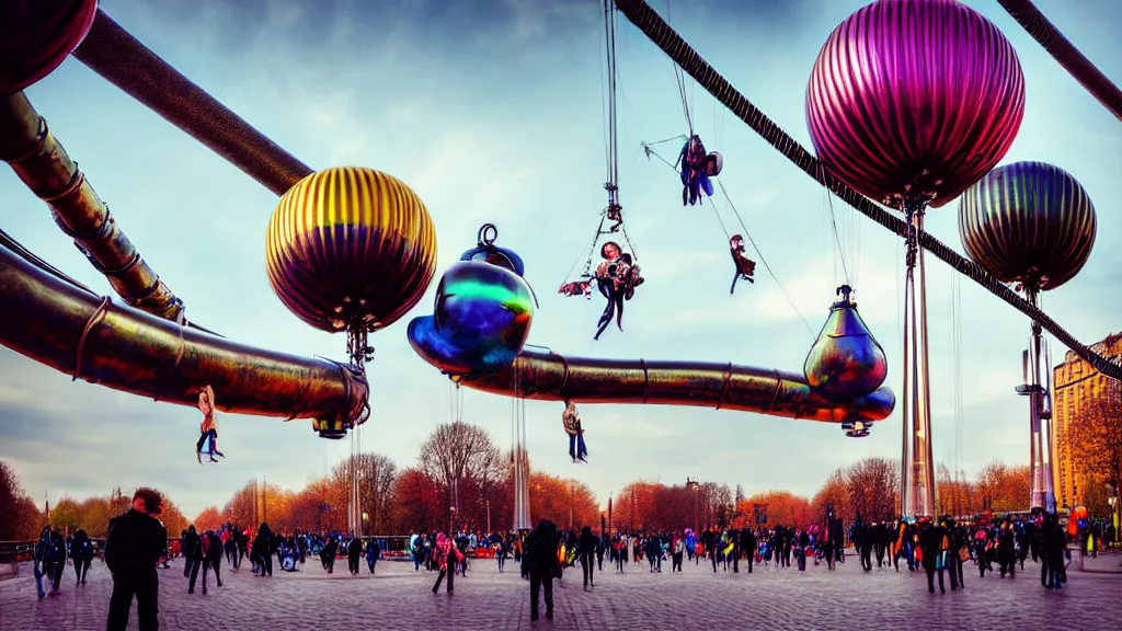 Image similar to large colorful futuristic space age metallic steampunk steam - powered balloons with pipework and electrical wiring around the outside, and people on rope swings underneath, flying high over the beautiful berlin city landscape, professional photography, 8 0 mm telephoto lens, realistic, detailed, photorealistic, photojournalism