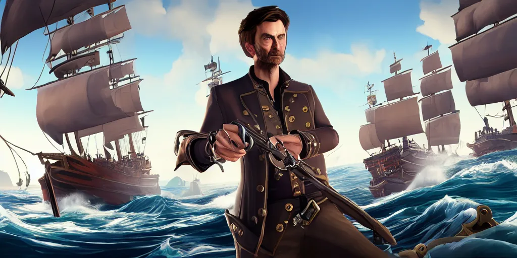 Prompt: david Tennant in the Sea of thieves, long shot, on the ship, ultra detailed, sharp focus, art by artgerm, 8k, game screenshot, wallpaper, hyperrealistic