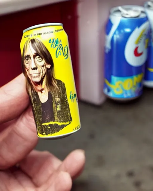 Prompt: a hand holding a soda can with iggy pop's face on the label, inside a supermarket