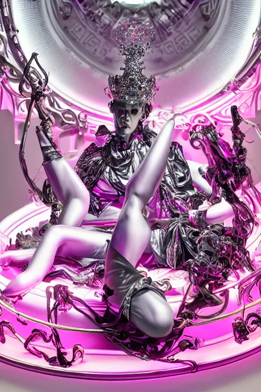 Image similar to full-body rococo and cyberpunk style neon statue of a young attractive portugues macho dotado e rico android sim roupa reclining con las piernas abertas e la piroca dura, glowing white laser eyes, prince crown of pink gears, diamonds, swirling silver-colored silk fabric. futuristic elements. full-length view. space robots. human skulls. intricate artwork by caravaggio. Trending on artstation, octane render, cinematic lighting from the right, hyper realism, octane render, 8k, depth of field, 3D