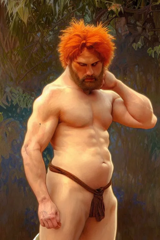 Image similar to painted portrait of rugged fat orange cat, god of thunder, greek god, white hair, masculine, powerful, handsome, upper body, white robe, muscular, hairy torso, fantasy, intricate, elegant, highly detailed, digital painting, artstation, concept art, smooth, sharp focus, illustration, art by gaston bussiere and alphonse mucha