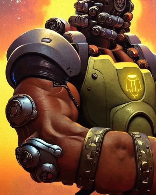 Image similar to doomfist from overwatch, character portrait, portrait, close up, concept art, intricate details, highly detailed, vintage sci - fi poster, retro future, vintage sci - fi art, in the style of chris foss, rodger dean, moebius, michael whelan, and gustave dore