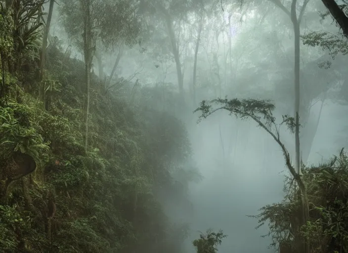 Prompt: an elephant octopus chimera, in a jungle with ominous light from above, great photography, ambient light, fog, river