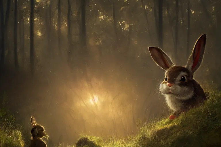 Prompt: portrait of an ashigaru bunny, sunset, ominous shadows through the forest, he has a pike, studio ghibli, the bunny is in a forest valley by brian froud and jessica rossier