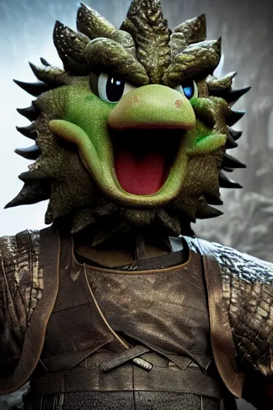 Image similar to very very intricate photorealistic photo of yoshi in an episode of game of thrones, photo is in focus with detailed atmospheric lighting, award - winning details