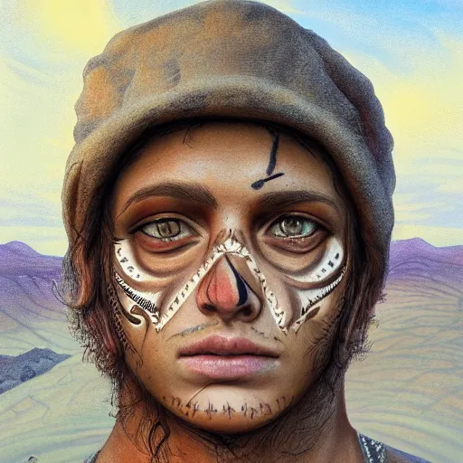 Image similar to a detailed portrait of a tan boy with a face tattoo in the desert, fantasy art illustration, incredibly highly detailed and realistic, 8 k, sharp focus