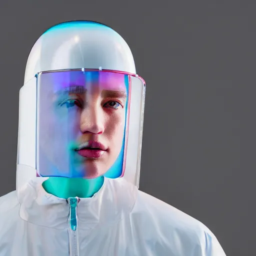 Prompt: an ultra high definition professional studio quality photograph of a transparent iridescent perspex pastel coloured ( face ) visor and matching raincoat on a white coat hook in an empty white room. dramatic lighting, ray tracing, refraction, shallow d. o. f, colour corrected, golden ratio, three point light. volumetric shadows. light rays.