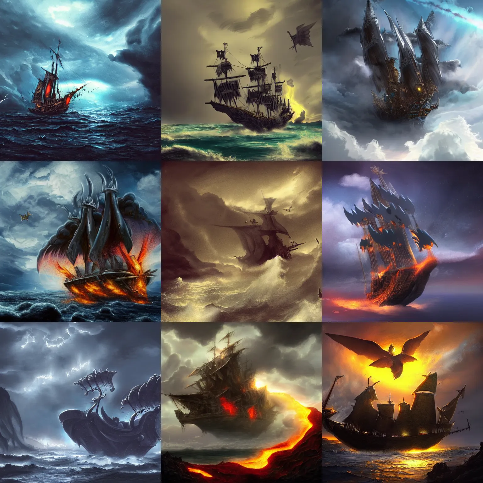 Prompt: a magic galleon with wings flying in the sky, dark clouds, rivers of lava, epic, fantasy, dramatic lighting