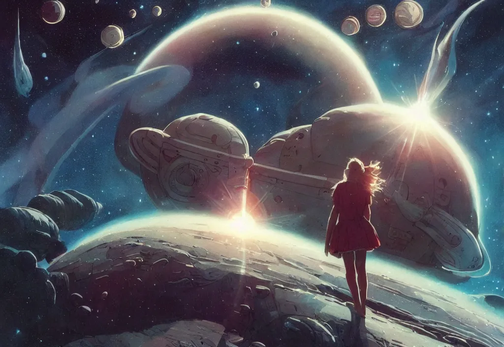 Image similar to illustrated by moebius and greg rutkowski, romantic!!! space scene!! with standing young girl!!!!, orbit of earth!, futuristic orbital station!!!!, nebulae!!, starry sky!!, rule of third!!!!, vintage cover of sci - fi magazine, cinematic!!