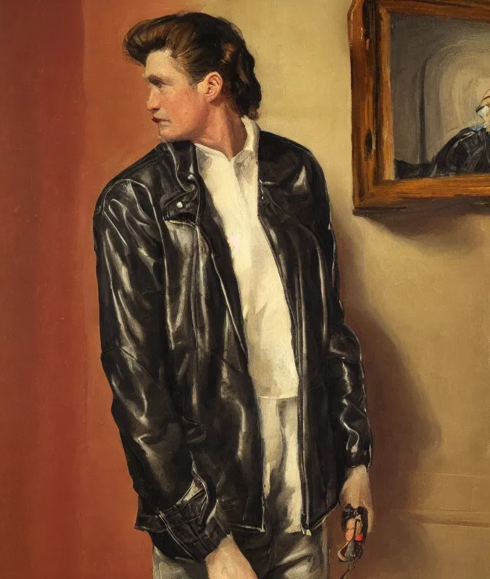 Image similar to a very detailed portrait of a man, wearing an 8 0 s leather jacket with big shoulder pads, very aesthetic leather jacket, detailed leather jacket, front view, in the style of edward hopper and oswald hornby joseph birley and susan ryder, very small brushstrokes, 4 k,