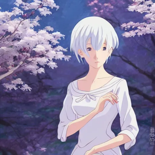 Prompt: Portrait of a japanese princess young lady, with white hair and bangs!!!! beauty artwork by Makoto Shinkai, Studio Ghibli, white hair, ayaka genshin impact, ayaka, ayaka game genshin impact, ayaka, extremely detailed, beautiful, establishing shot, artistic,