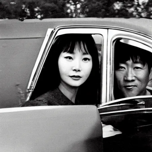 Image similar to 1960s press archive of the actress Choi Eun-Hee and director Shin Sang-ok coming out of a car, faces obscured, Reuters, 35mm film, film grain, mysterious exterior, underexposed