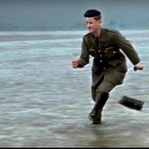 Prompt: film still from Saving Private Ryan of Daniel Radcliffe storming Normandy beach, while riding a magic broom