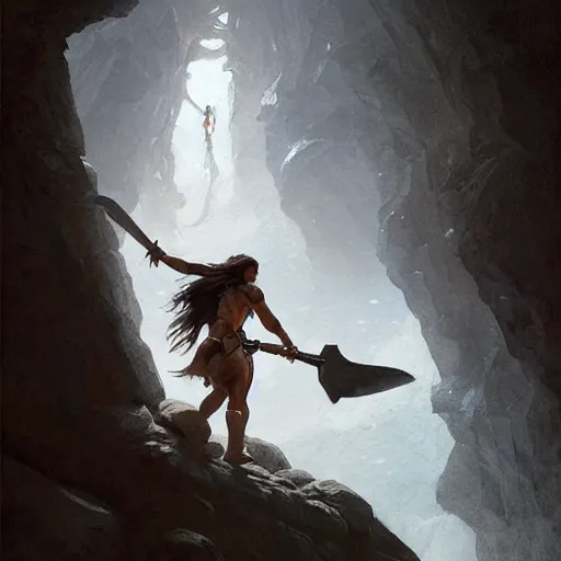 Image similar to a beautiful painting of a lone female barbarian emerging from a cave entrance with one arm raised, cinematic lighting by gerald brom and greg rutkowski,