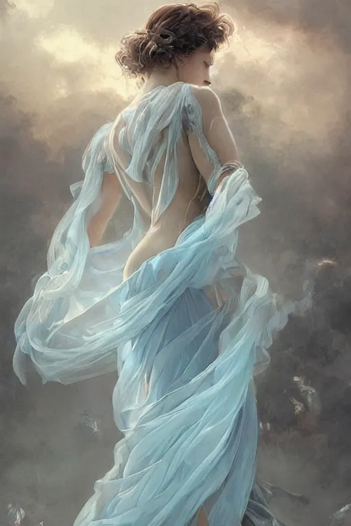 Image similar to beautiful!!! woman dressed in a vaporous wrapped large victorian pale blue roses silk semi-transparent dress fashion is running, fantasy, intricate, elegant, highly detailed, digital painting, trending on artstation, concept art, matte, sharp focus, illustration, art by Artgerm and Greg Rutkowski and Alphonse Mucha, instagram model