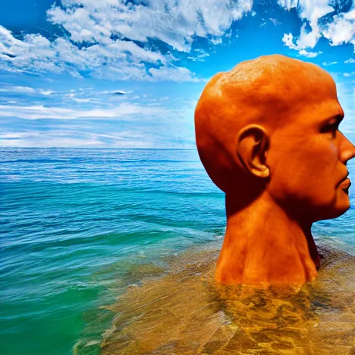 Image similar to a giant human head sculpture in the sea made out of juicy hamburgers, long shot, hyper detailed, hyper realistic, ray tracing, 8 k resolution, sharp focus, realistic water, award winning