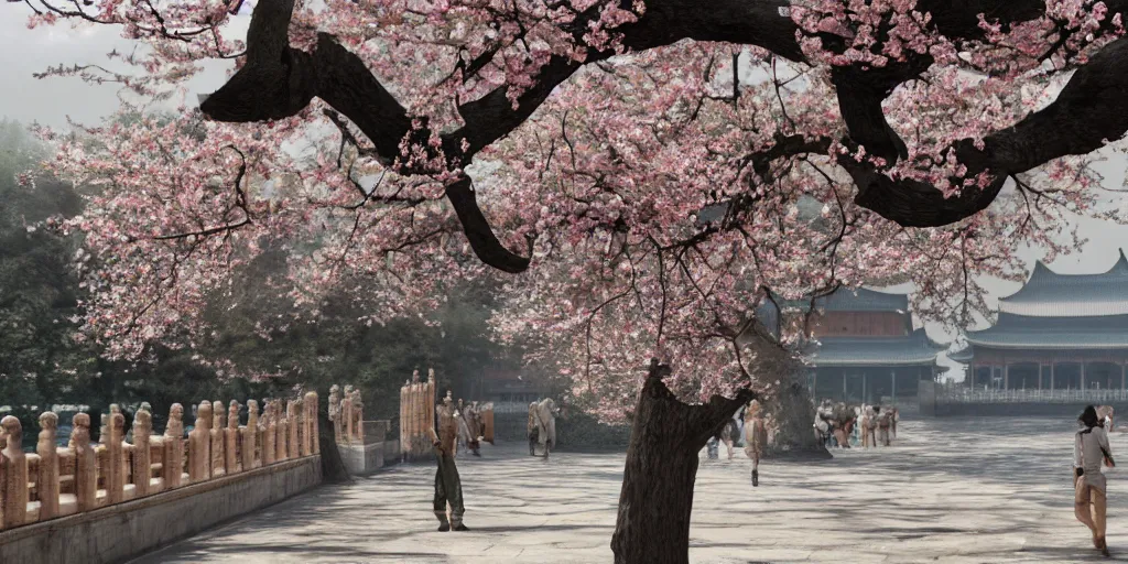 Image similar to spring in the forbidden city, peach blossom, prometheus film style, realistic, cinematic, trending on artstation, 8 k,