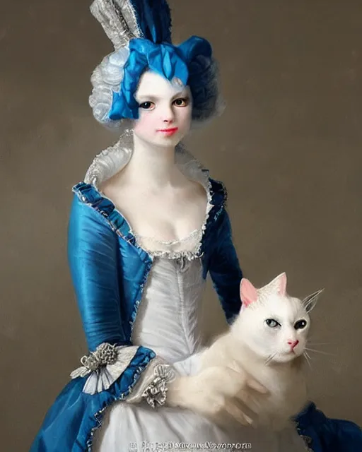 Image similar to cute white cat with blue eyes dressed like marie antoinette, joseph ducreux, greg rutkowski, baroque rococo fashion, royal portrait, elegant, luxurious, oil painting