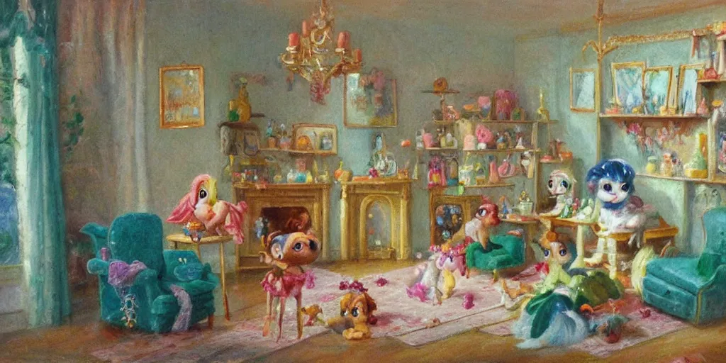 Prompt: 3 d littlest pet shop animal, sitting on pillows, fruit, decadence, parlor, sitting room, czech republic perfume bottles, delectable delights, sugar, powdered sugar, pastels, dream, master painter and art style of noel coypel, art of emile eisman - semenowsky, art of edouard bisson