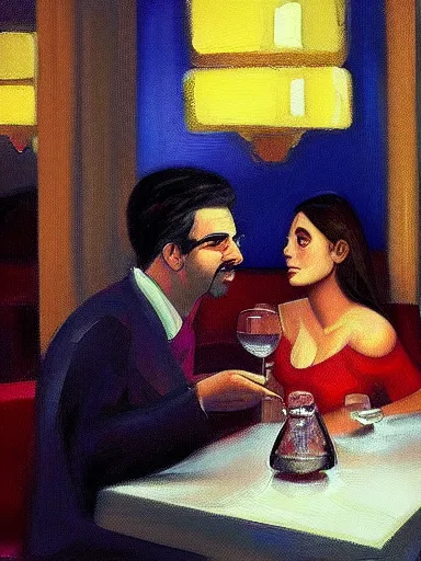 Image similar to masterpiece painting by salman toor, of a guy and a girl on a date in a restaurant, cinematic light, renaissance, atmospheric effects, artstation