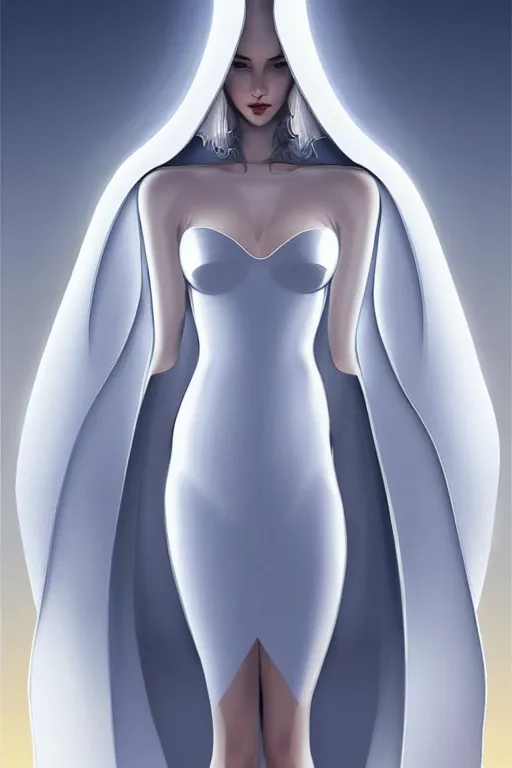 Image similar to detailed beautiful noun in opened white gold blue coat, seductive confident pose, attractive feminine curves, intricate details, futuristic, alien, elegant cape, elegant, photorealism, trending on artstation, holy halo, advanced technology, art by moebius and vitaly bulgarov and chanthara