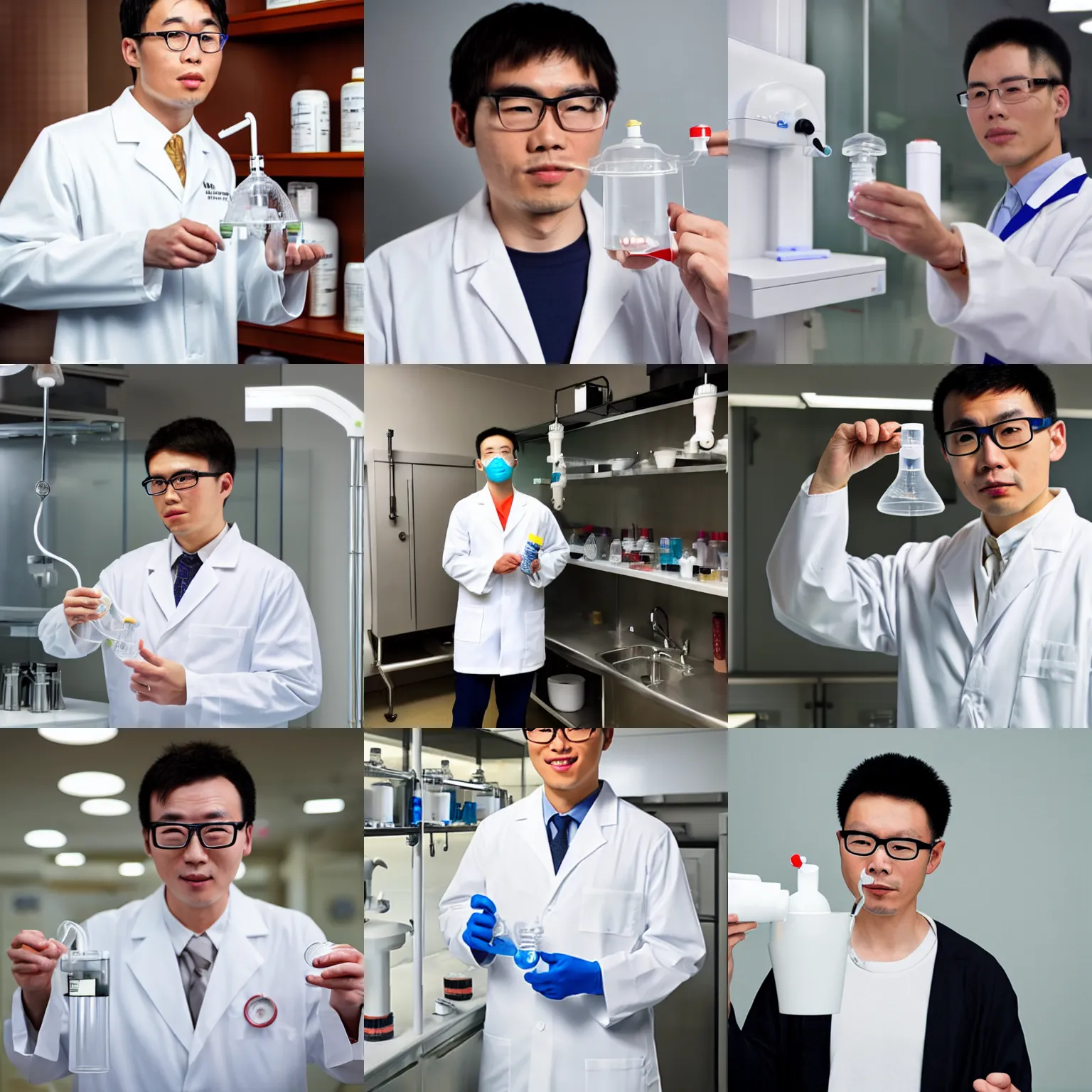 Prompt: chinese male with glasses wearing a white lab coat and holding a dispensing funnel