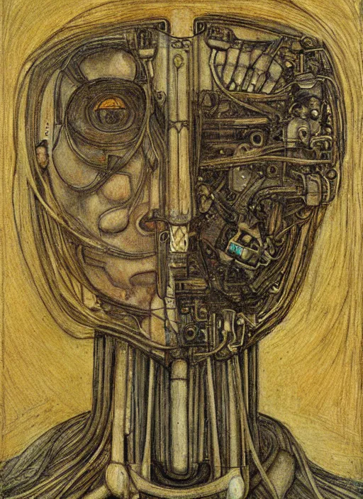 Image similar to a portrait of a robot cyborg by Edward Burne-Jones, pre-raphaelite style