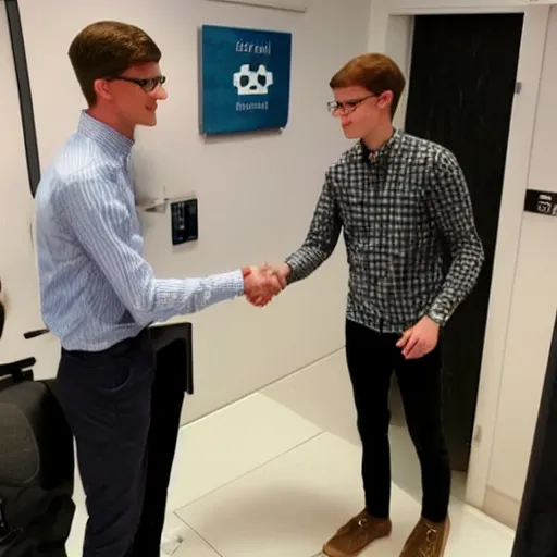 Prompt: scott the woz shakes hands with gigachad