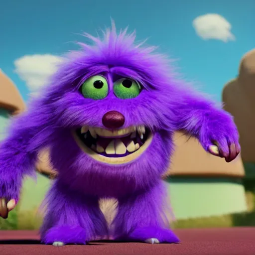 Image similar to a purple fluffy monster, adorable and cute, pixar, octane render, 4k, monster in middle of picture