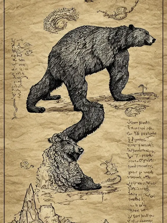 Image similar to ink illustration of a bear, monster manual style, dungeons and dragons guidebook, tan parchment paper