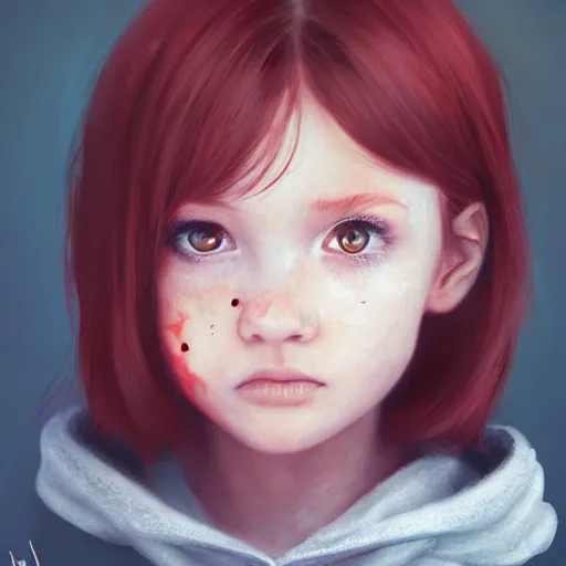 Image similar to a cute tiny girl with short red hair wearing a hoodie, digital art, very beautiful face, pretty face, very detailed eyes, full body illustration, 8 k resolution, soft painting, by greg rutkowski, wlop, rossdraws,