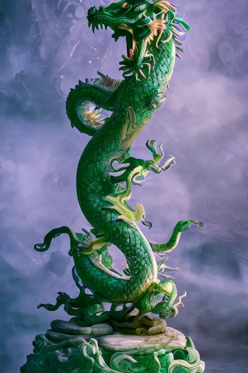 Image similar to a chinese dragon carved from translucent jade, dynamic pose standing on a marble pedestal, intricate details, intricate textures, warm lighting, vivid colors, smoke and mist, realistic octane render, hyper realistic render, volumetric shading, depth of field, raytracing, 8 k,