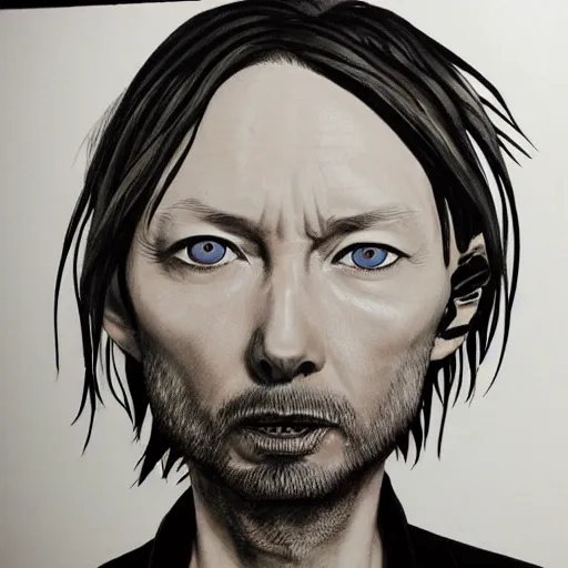 Image similar to thom yorke with sharingan in left eye, pretty face, more details, style by naruto,