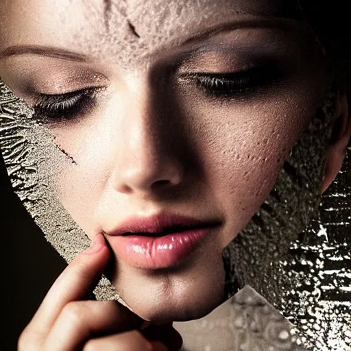 Prompt: broken mirror reflecting a woman, beautiful, shattered, photo