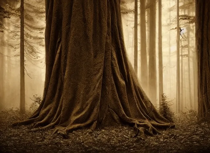 Image similar to an incredibly scary and very very unique creative monster of the forest, ancient folk legend, hyperrealistic concept art, sepia photography in the forest