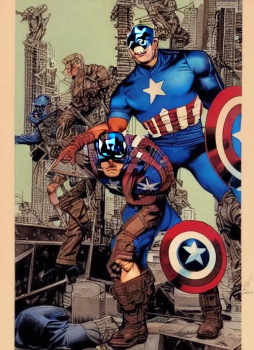 Image similar to captain america as a cyberpunk mercenary. portrait by clyde caldwell and jean giraud and anton otto fischer and john philip falter and will eisner and gil elvgren