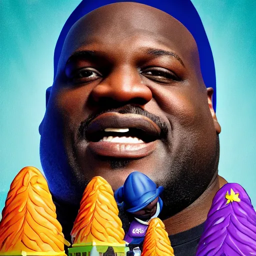 Image similar to shaq in a movie poster about squeezing into gnome homes, high quality, sharp focus, 4k