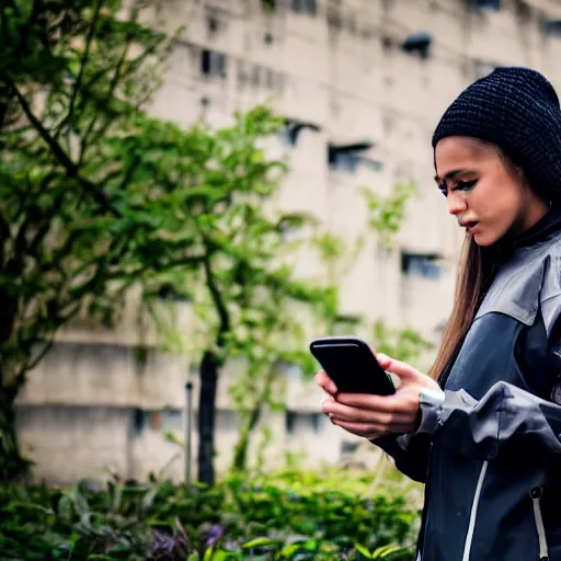 Image similar to candid photographic portrait of a poor techwear mixed young woman using a phone inside a dystopian city, closeup, beautiful garden terraces in the background, sigma 85mm f/1.4, 4k, depth of field, high resolution, 4k, 8k, hd, full color