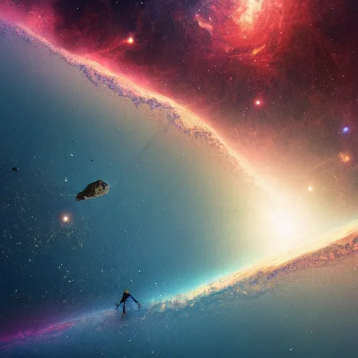 Image similar to humans reaching the edge of the universe, 4k, unreal, digital art