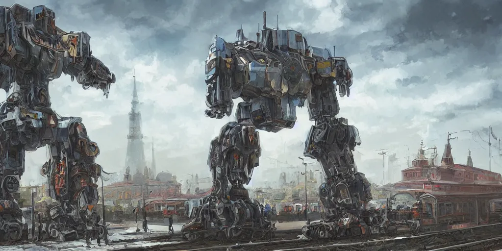 Image similar to a russian mecha, train station in summer, matte painting, afternoon, drama, by rozalski, artstation