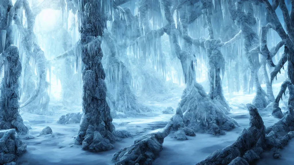 Prompt: ice forest, fantasy artwork, very very very beautiful scenery, hd, hdr, ue5, ue6, unreal engine 5, cinematic 4k wallpaper, 8k, ultra detailed, high resolution, artstation, award winning