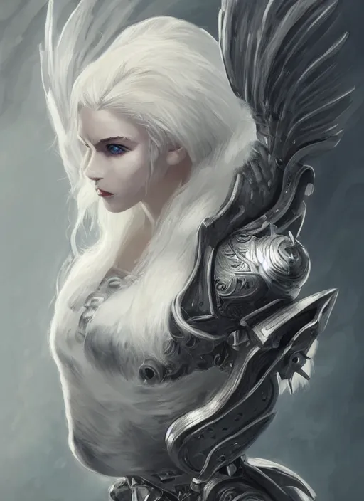 Image similar to a highly detailed illustration of white haired pale lady wearing dieselpunk armor dress with iron wings and blindfold!!!!!!!!!!!!, dramatic floating pose, intricate, elegant, highly detailed, centered, digital painting, artstation, concept art, smooth, sharp focus, league of legends concept art, wlop