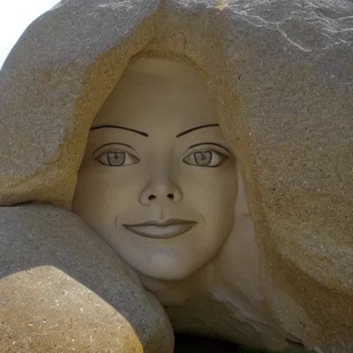 Image similar to big rock solid stone with the emerging face of emma stone buried inside the stone rock