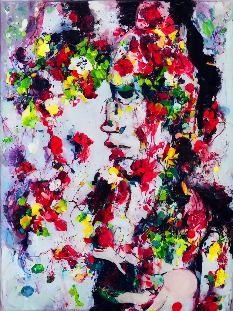 Image similar to “art in an Australian artist’s apartment, organic, portrait of a woman wearing white silk, neoexpressionist, eating luscious fresh raspberries and strawberries and blueberries, edible flowers, black background, acrylic and spray paint and wax and oilstick on canvas”