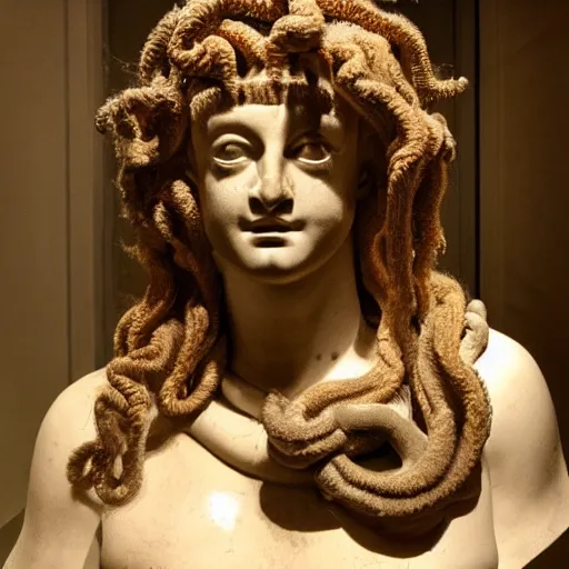 Image similar to a taxidermized medusa mythology, in a museum, portrait,