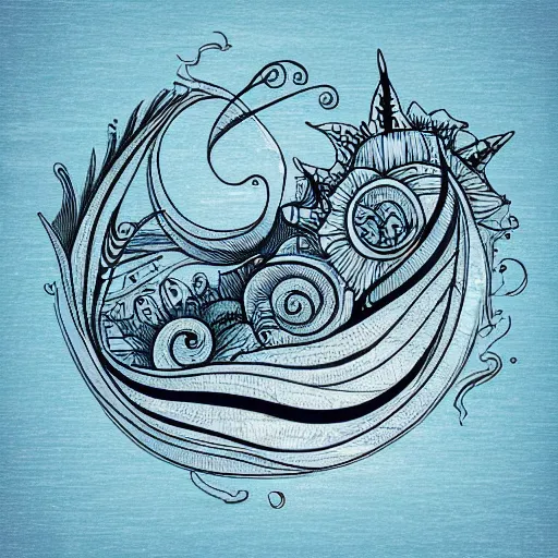 Prompt: tattoo sketch of a ocean, for leg. on a yellow canva, ornamental, line art, vector,