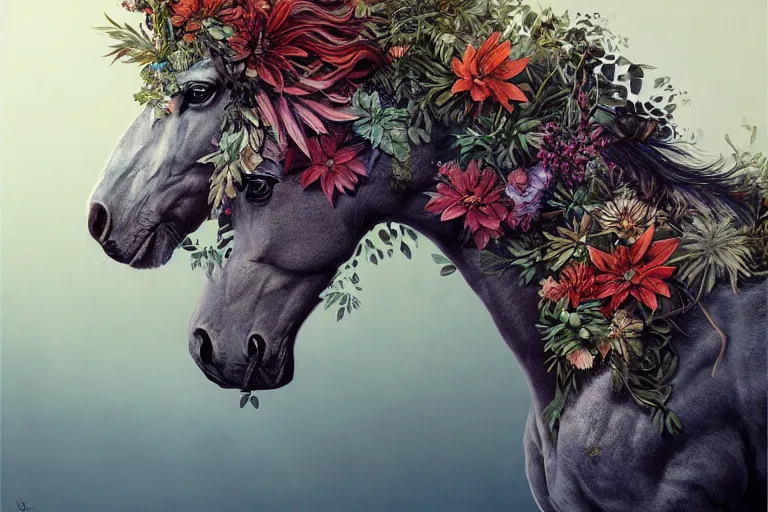 Prompt: a stunning horse made of plants by sandra chevrier and greg rutkowski, high key lighting, volumetric light, digital art, highly detailed, fine detail, intricate, ornate, complex, octane render, unreal engine, photorealistic