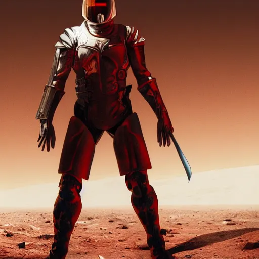 Prompt: a tall muscular soldier wearing blood-spattered glossy sleek white dinged scuffed armor and a long torn red cape, heroic posture, determined expression, elegant, no helmet, on the surface of mars, dramatic lighting, cinematic, sci-fi, hyperrealistic, detailed