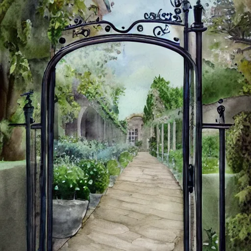 Prompt: delicate, chairs, garden, paved, botanic watercolors, iridescent, 8 k, realistic shaded, fine details, artstation, italian, iron gate, tree, mediterranean, mage